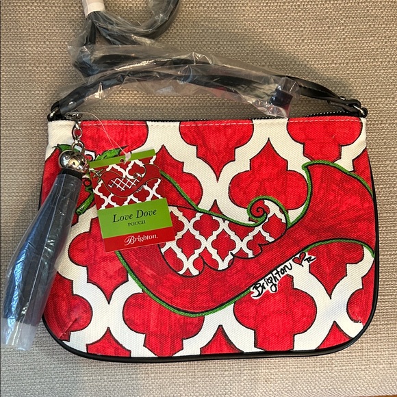 Brighton Love Dove Red and White Crossbody Pouch Bag with Tassel